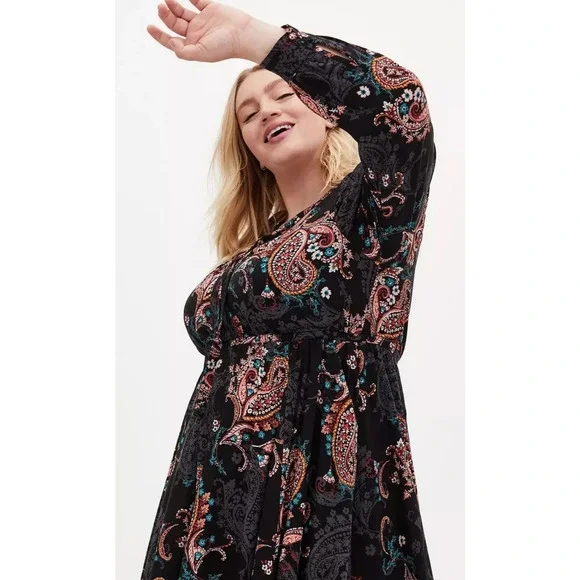 Torrid Midi Challis Skater Dress Black Paisley Plus Size 1 1X Boho Festival - Picture 3 of 13